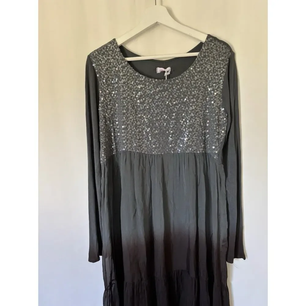 Scandal Womens Dress Medium Italy Silk Blend Long Sleeve Aline Maxi Long Gray